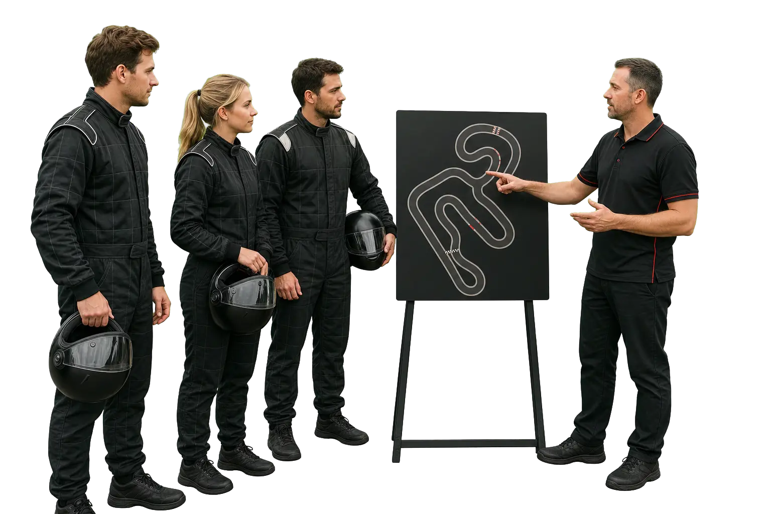 Instrutor explicando o traçado a três pilotos