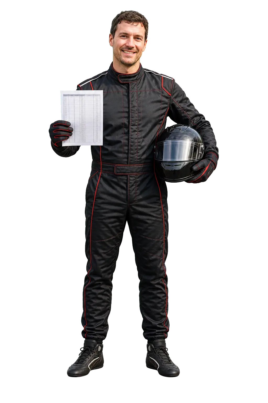 Piloto com capacete e folha de tempos depois da corrida